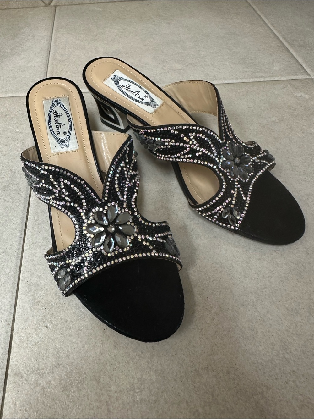 Italina Black Jeweled Slide Heels - Women's Dress Sandals (7)